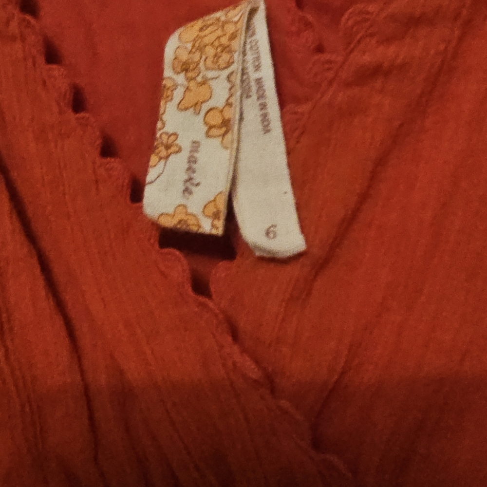 Maeve Anthropologie Red Smocked Waist Cotton Midi Dress Sz 6 Boho Cottagecore - Picture 5 of 9